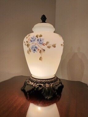 Vintage Hand Painted Milk Glass Floral Table Lamp Blue Roses Ornate Metal Base
